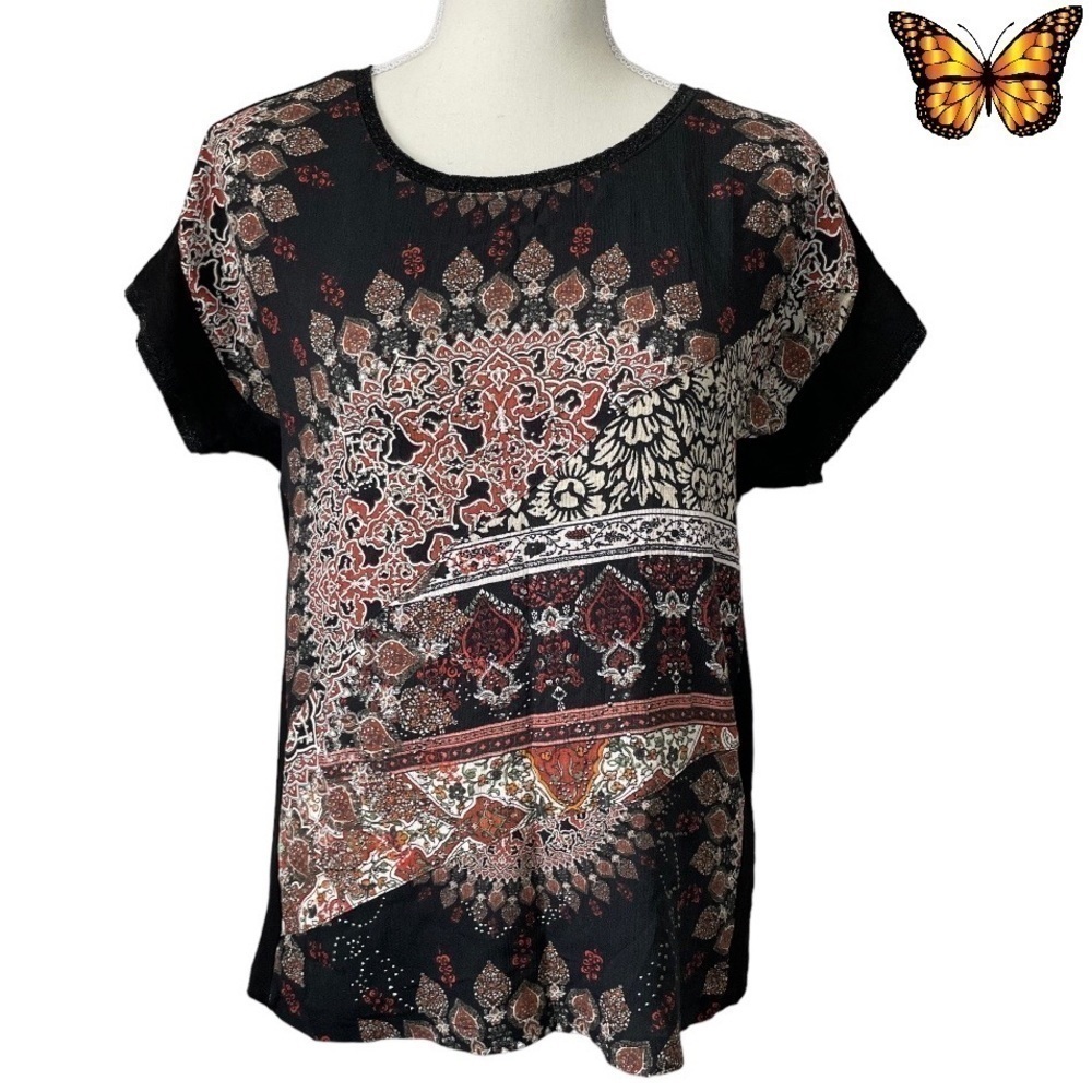 DESIGUAL boho Hindu abstract floral rhinestone front short sleeve top size small - Picture 2 of 11